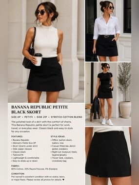 Banana Republic Petite Black Skort Women’s 0P Stretch Side Zip Career Casual